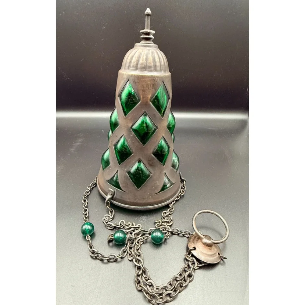 Hanging Metal Orthodox Sanctuary Vigil Lamp Candle Holder Emerald Green Diamond